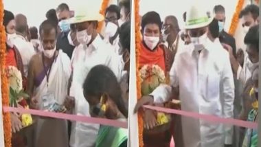 Telangana CM K Chandrashekar Rao Pulls Out Ribbon at Inauguration Programme in Medipally After Not Getting Scissor To Cut It (Watch Video)