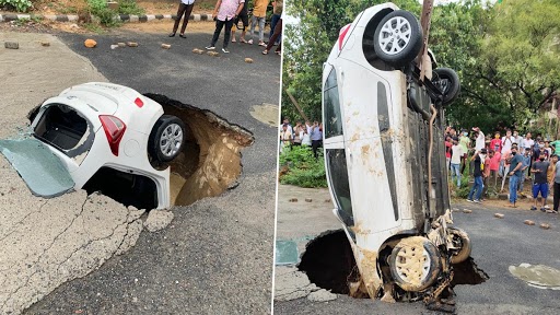 Delhi Rains: Car Swallowed by Concrete Street As Road Caves in Following Incessant Rainfall in Dwarka’s Sector 18, Pulled Out With Crane (See Pics)