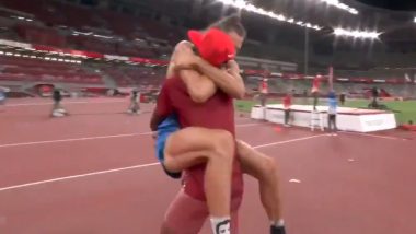 Qatar's Mutaz Essa Barshim and Italy's Gianmarco Tamberi Embrace Each Other After Sharing High Jump Gold At Tokyo Olympics 2020 (Watch Video)