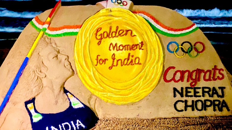 Sudarsan Pattnaik Pays Tribute To Neeraj Chopra With Sand Art After His Tokyo Olympics 2020 Gold Medal Triumph (See Posts)