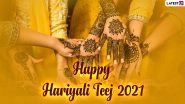Hariyali Teej 2021 Wishes & Sawan Teej HD Images: Send WhatsApp Stickers, Messages, Greetings, Telegram Pics and Shiva-Parvati Photos on the Choti Teej