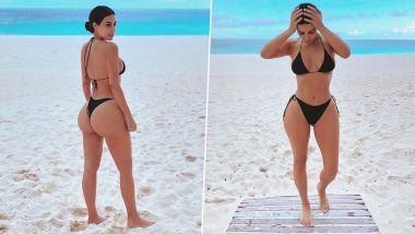 Kim Kardashian Flaunts Her Famously Peachy Derriere in Black Thong Bikini With ‘Resting Beach Face’ Caption