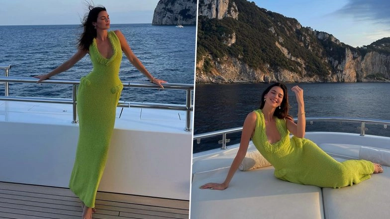 Kendall Jenner Enjoys Idyllic Yacht Holiday In a Bright Green Gown With Plunging Neckline, See Photos