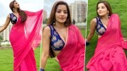 Monalisa Oozes Oomph In a Sexy Pink Saree With Blue Floral Printed Blouse; See Stunning Photos