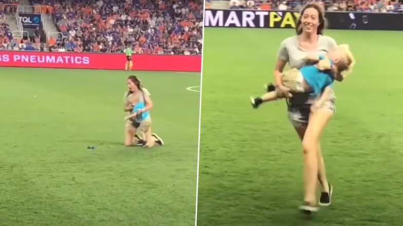 Viral Video of Mom Tackling 2-Year-Old Son After He Ran Onto The Field During Live Football Match in US is Just Too Cute! (Watch)