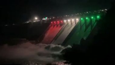 Jammu and Kashmir: Salal Dam in Reasi District Illuminated in Tricolour on the Eve of 75th Independence Day (Watch Video)