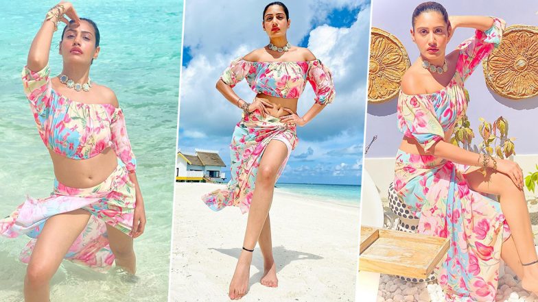 Surbhi Chandna Poses In a Floral Off-Shoulder Blouse With Thigh-Slit Skirt, Shares Sizzling Pics From Maldives Vacay