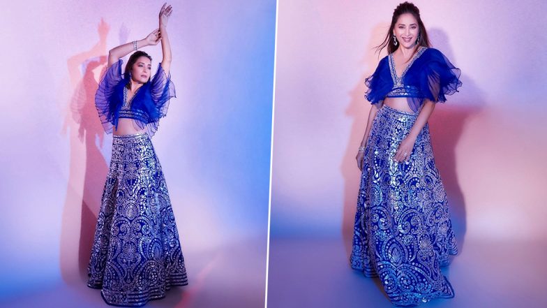 Madhuri Dixit Looks Resplendent As She Poses In a Bright Blue Butterfly Sleeve Blouse With Embellished Lehenga, View Latest Insta Posts