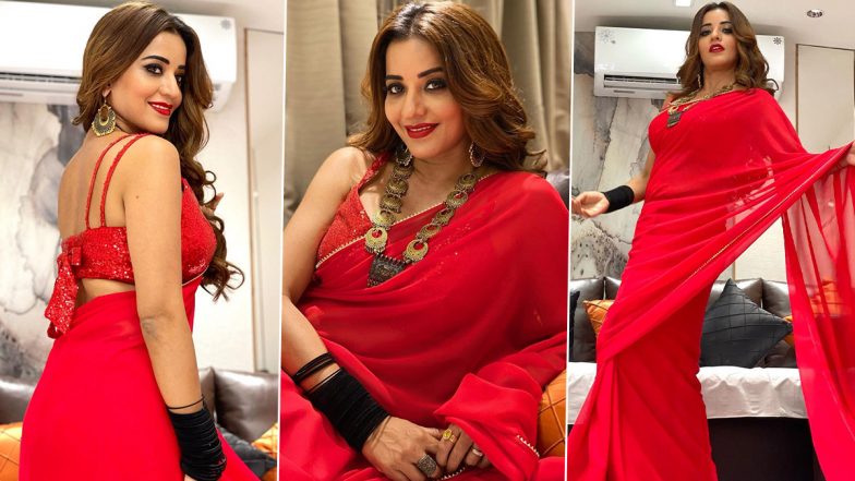 Bhojpuri Actress Monalisa Dazzles In a Sexy Red Chiffon Saree With Sequin Blouse, Says ‘Last Of The Red Hot Lovers’ (View Stunning Pics)