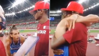 Athletes Mutaz Essa Barshim and Gianmarco Tamberi Seen Embracing in Viral Video After Sharing Gold Medal in Long Jump Event at Tokyo Olympics 2020 (Watch Video)