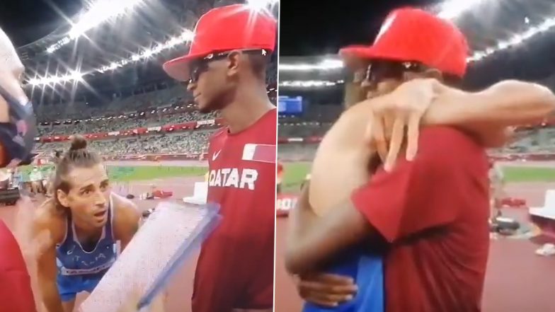 Athletes Mutaz Essa Barshim and Gianmarco Tamberi Seen Embracing in Viral Video After Sharing Gold Medal in Long Jump Event at Tokyo Olympics 2020 (Watch Video)