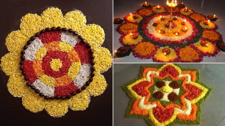 Simple Onam 2021 Pookalam Designs: Five Easy Rangoli Designs With Flowers For Thiruvonam Celebration (Watch Tutorial Videos)