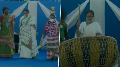 Mamata Banerjee Spotted Dancing, Playing Drum at Event Organised To Mark World Tribal Day 2021 in West Bengal’s Jhargram (Watch Video)