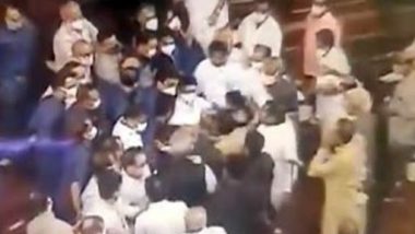 CCTV Footage From Rajya Sabha Shows Opposition MPs Jostling With Marshals in Upper House (Watch Video)