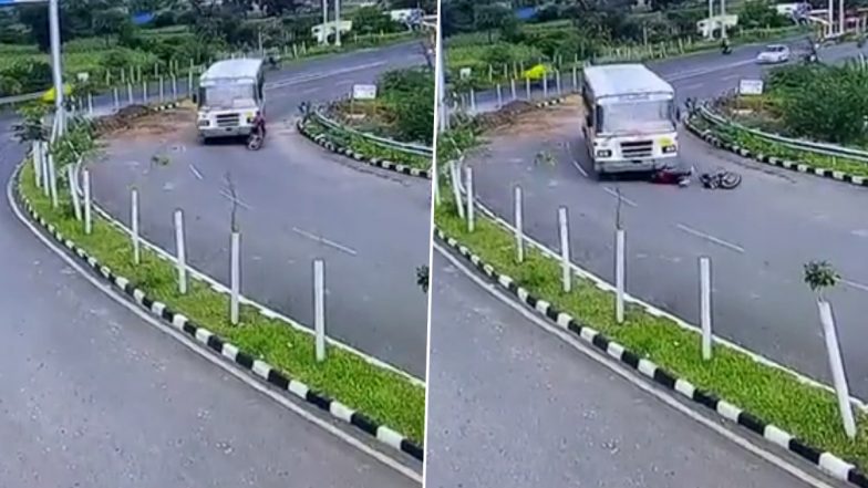 Gujarat Shocking Video: Youth Miraculously Escapes After He Gets Rashly Run Over by a Bus in Dahod