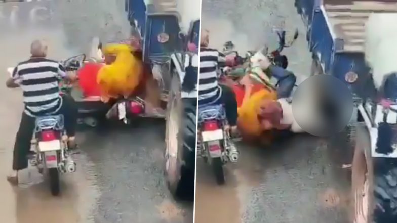 Gujarat Accident Video: Man Miraculously Escapes Unhurt Due to Helmet After Getting Run Over By Trolley in Dahod