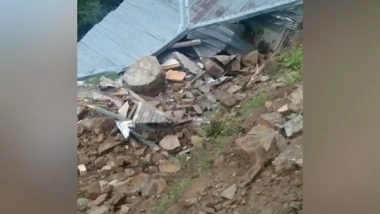 India News | Landslide Blocks Road, Boulders Fall on Mahila Mandal Bhawan in Himachal Pradesh's Nankhari