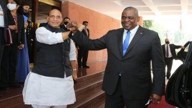 World News | Rajnath Singh, US Defence Secretary Discuss Afghanistan, Exchange Views on Combating Terrorism in Region