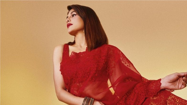 Jacqueline Fernandez Shines Bright in Ruby Red Saree for ‘Bhoot Police’ Promotions, Can You Guess Its Price