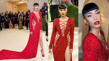 Megan Fox Wows at Met Gala 2021 in a Plunging Red Lace-Up Dundas Gown Covered in Sequins and Cutouts (View Pics)