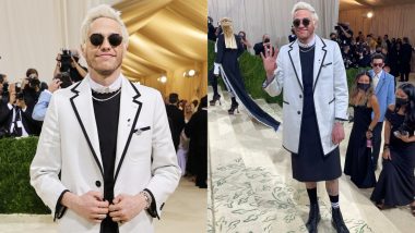 Pete Davidson Wears Kilt With Longline Thom Browne Suit and Combat Boots to Met Gala 2021