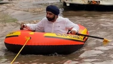 Delhi Rains: BJP Leader Tajinder Bagga Goes Rafting on Waterlogged Road, Thanks CM Arvind Kejriwal for Making It Possible (Watch Video)