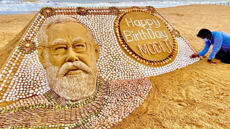 PM Narendra Modi Birthday: Sand Artist Sudarsan Pattnaik Creates Sand Art Wishing Prime Minister on His 71st Birthday (See Pic)