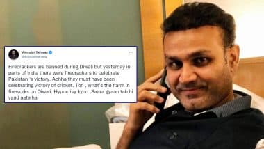 Virender Sehwag Lashes Out at ‘Hypocrites’ After Reports of Fireworks Being Used in India To Celebrate Pakistan’s Win Surfaced at the End of IND vs PAK T20 World Cup 2021 Clash (Check Post)