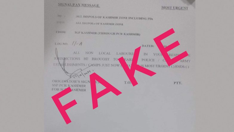 Kashmir Police Debunk Fake Order Asking District Police Authorities to Relocate Non-Local Labourers to Police, Army Camps (Read Tweet)