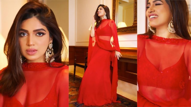 Nearing Your First Karwa Chauth? Bookmark Bhumi Pednekar’s Custom Georgette Red Lehenga Look for Inspiration (View Pics)