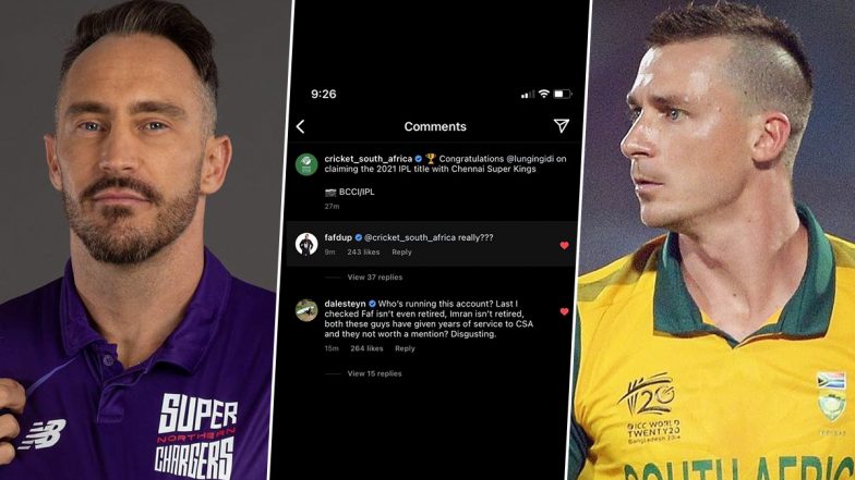 Faf du Plessis, Dale Steyn Lash Out at Cricket South Africa for Ignoring Former Proteas Captain and Imran Tahir in Congratulatory Post After CSK’s IPL 2021 Title Win