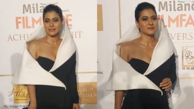 Kajol Looks Drop-Dead Gorg As She Opts for a Black-White Gown With  Thigh-High Slit and Dramatic Collar at an Awards Show! (View Pics)