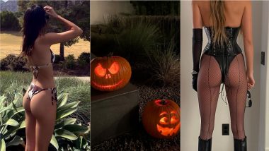 Kendall Jenner Gets Sexy Halloween Costumes Right, ALWAYS! Check Out American Supermodel in Cow Print Thong Bikini and in BDSM Style Corset and Fishnets