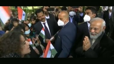 'Modi, Modi' Slogans Reverberate at Piazza Gandhi in Rome as PM Narendra Modi Meets Indian Community (Watch Video)