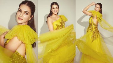 Which Colour To Wear on Day 1 of Navratri 2021? Kriti Sanon’s Sparkly Yellow Gown Is Perfect To Kick Off Festivities! (View Pics)