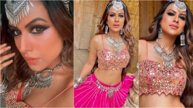Navratri 2021: Nia Sharma Looks Festive-Ready in Pink Mirror-Work Ghagra Choli With Oxidised Silver Jewellery and Full Glam Make Up! (View Pics)