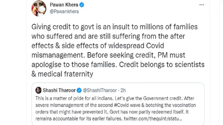 Congress Leader Pawan Khera Disagrees With Shashi Tharoor Over Giving Government Credit for 100 Crore Vaccination