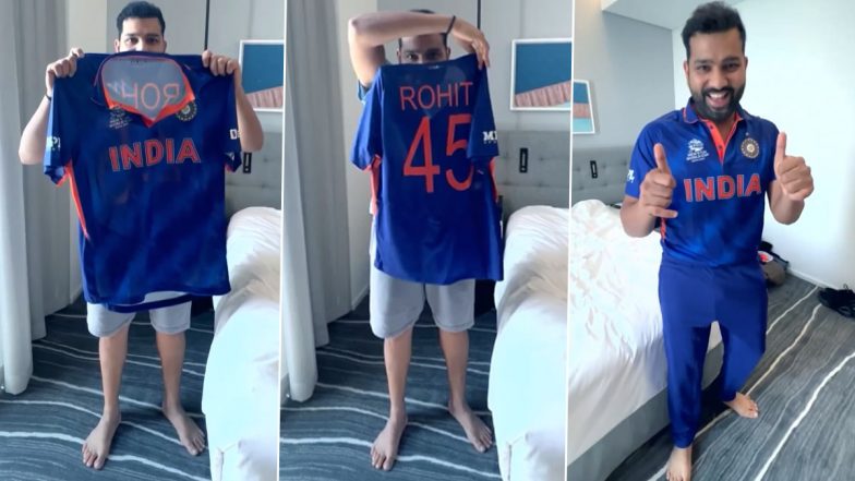 Rohit Sharma Jumps Into His New Team India Jersey in Style Ahead of T20 World Cup 2021 Practice Match vs England (Watch Video)