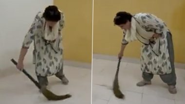 Lakhimpur Kheri Violence: Video Of Priyanka Gandhi Vadra Sweeping Guest House In Sitapur After Detention Goes Viral; Congress Lashes Out At Administration (Watch Video)