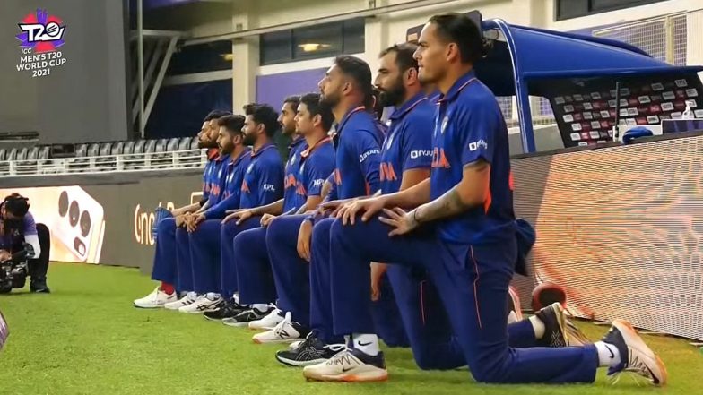 IND vs PAK, T20 World Cup 2021: Indian Players Take a Knee To Symbolise Fight Against Racism Before Start of Play vs Pakistan in Dubai (See Pictures)