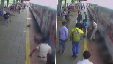 Alert RPF Personnel Saves Woman From Falling Between Train and Platform at Kalyan Railway Station (Watch Video)