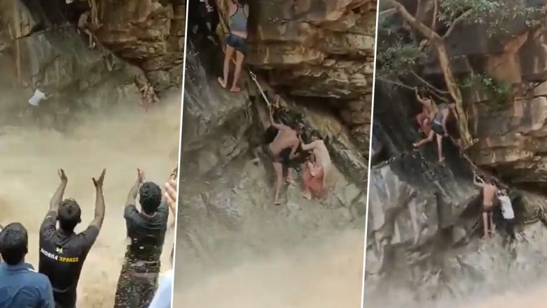 Mother And Child Rescued From Raging Waterfall In Tamil Nadu, CM MK Stalin Praises the Rescuers; Watch Video