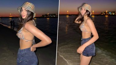 Khushi Kapoor Pairs a Chequered Bikini With Denim Shorts As She Enjoys a Day by the Beach (View Pics)