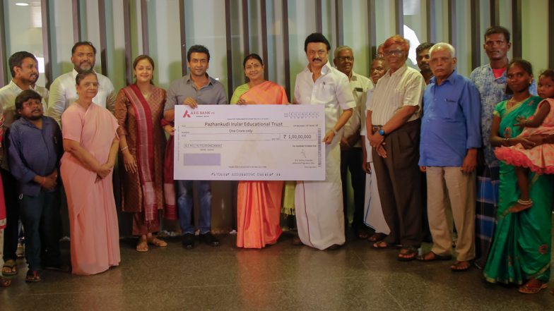 Suriya-Jyotika Donate Rs 1 Crore To Pazhankudi Irular Educational Trust, Cheque Handed Over To Former Justice K Chandru And Members Of The Trust (View Pic)