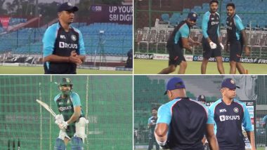 Rohit Sharma Sweats It Out in the Nets With Head Coach Rahul Dravid’s Help Ahead of India vs New Zealand 1st T20I 2021 (Watch Video)