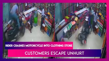 Rider Crashes Motorcycle Into Clothing Store, Customers Escape Unhurt, Act Caught On CCTV Camera