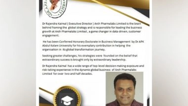 Business News | Executive Director of Arch Pharmalabs Limited is Accorded with an Honorary Doctorate