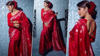 Diwali 2021: Jacqueline Fernandez Looks Stunning as She Goes for Retro Red on the Occasion! (View Pics)