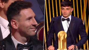 Lionel Messi Smiles at Pedri After Latter Receives Kopa Trophy at Ballon d’Or 2021 Ceremony (Watch Video)