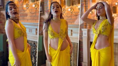 Urfi Javed Looks Sultry in Yellow Saree As She Dances to Raveena Tandon’s OG Song 'Tip Tip Barsa Paani' (View Pics and Video)